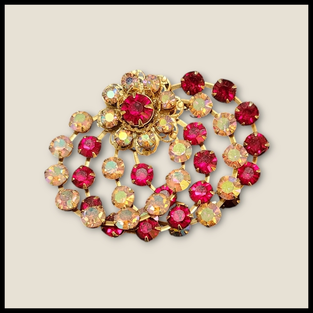 Vintage Red and Red Aurora Borealis Faceted Rhinestone Brooch